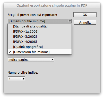 Tendina profili PDF predefiniti PDF
